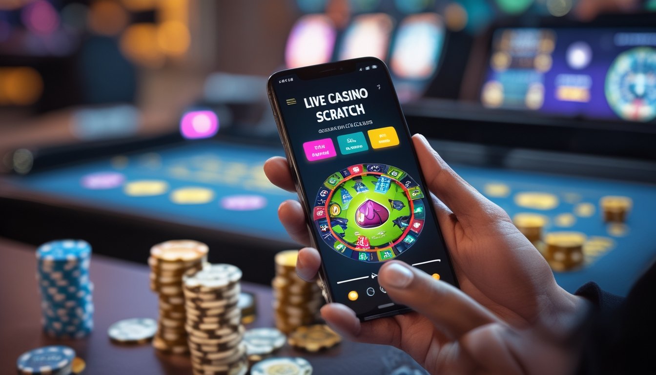Seseorang memegang ponsel yang menampilkan permainan kartu gosok kasino langsung online dengan latar belakang suasana kasino.