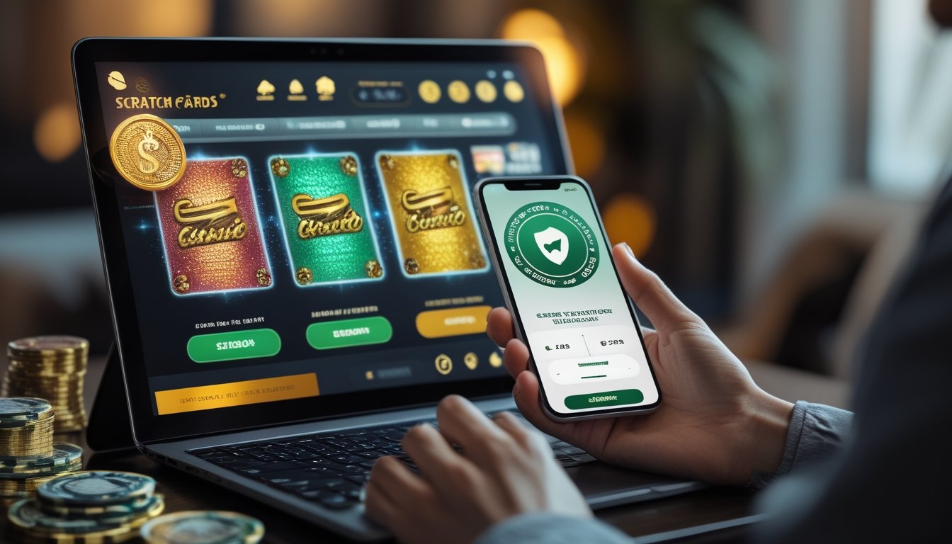 Seorang pengguna menggunakan perangkat digital untuk bermain kartu gosok kasino online dengan layar menampilkan kartu warna-warni dan konfirmasi transaksi cepat dan aman.