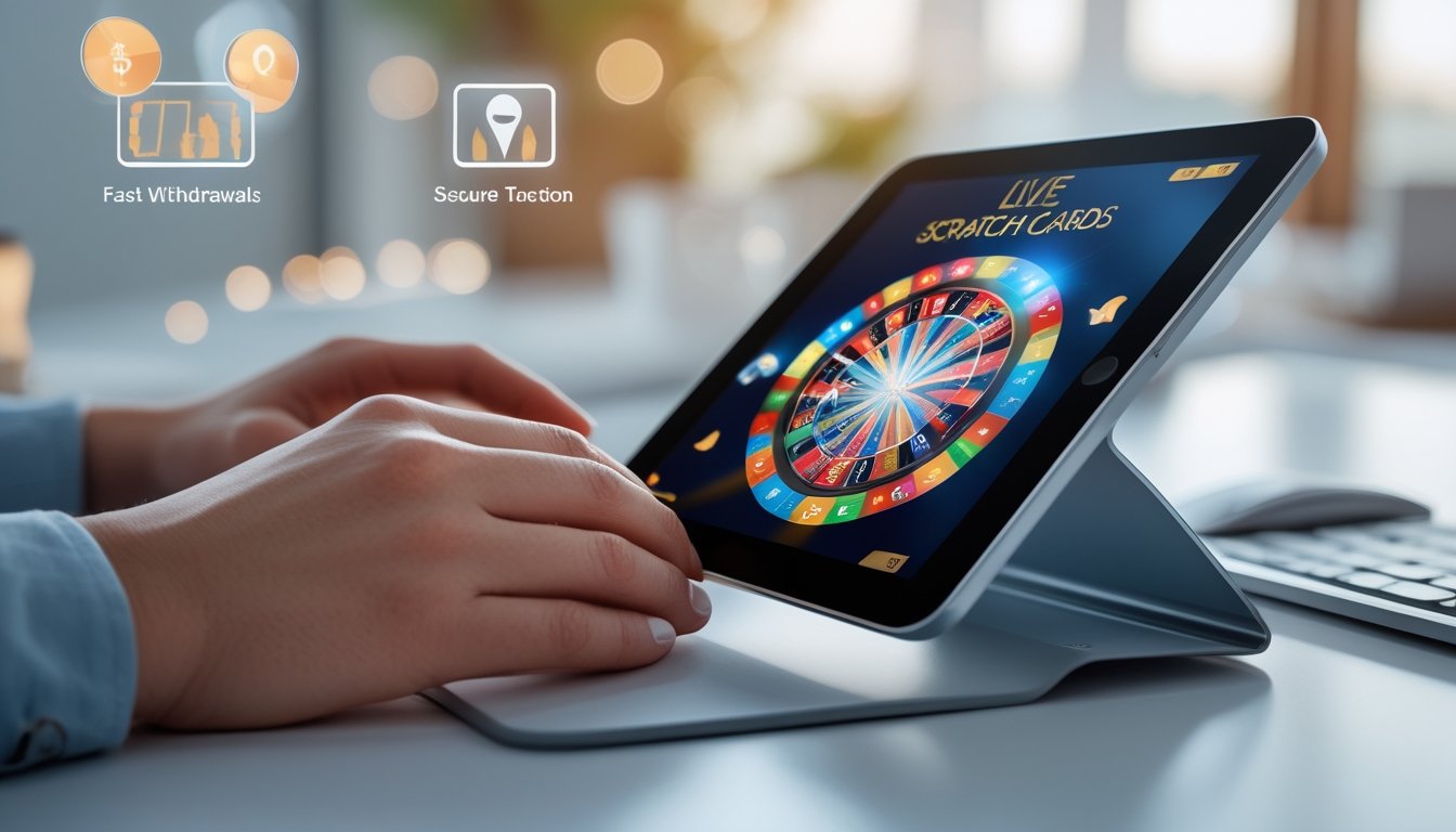 Tangan seseorang menggunakan tablet digital dengan kartu gosok kasino online berwarna-warni di layar, menunjukkan proses cepat dan aman.