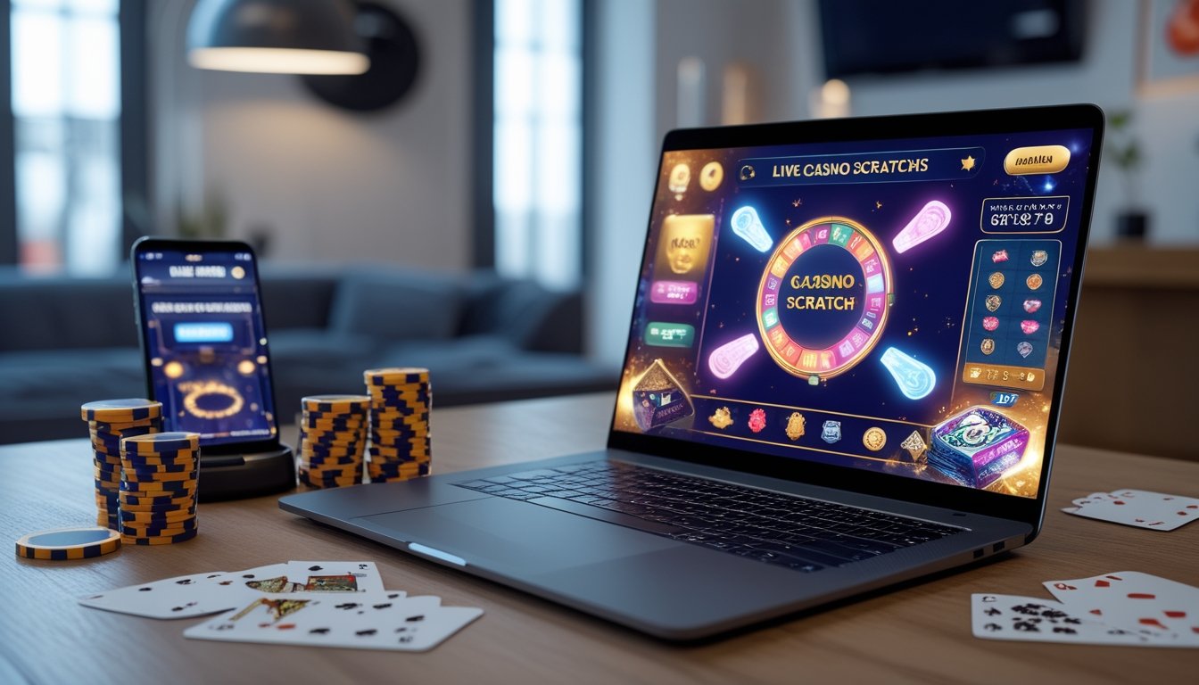 Seorang pria duduk di meja dengan laptop yang menampilkan permainan kartu gosok kasino langsung online, dikelilingi oleh chip poker dan kartu remi.