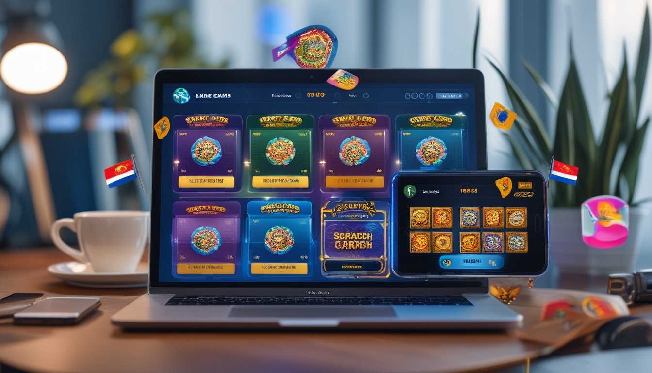 Seorang pemain menggunakan laptop dan ponsel untuk bermain kartu gosok kasino online dengan latar meja kayu dan suasana nyaman.