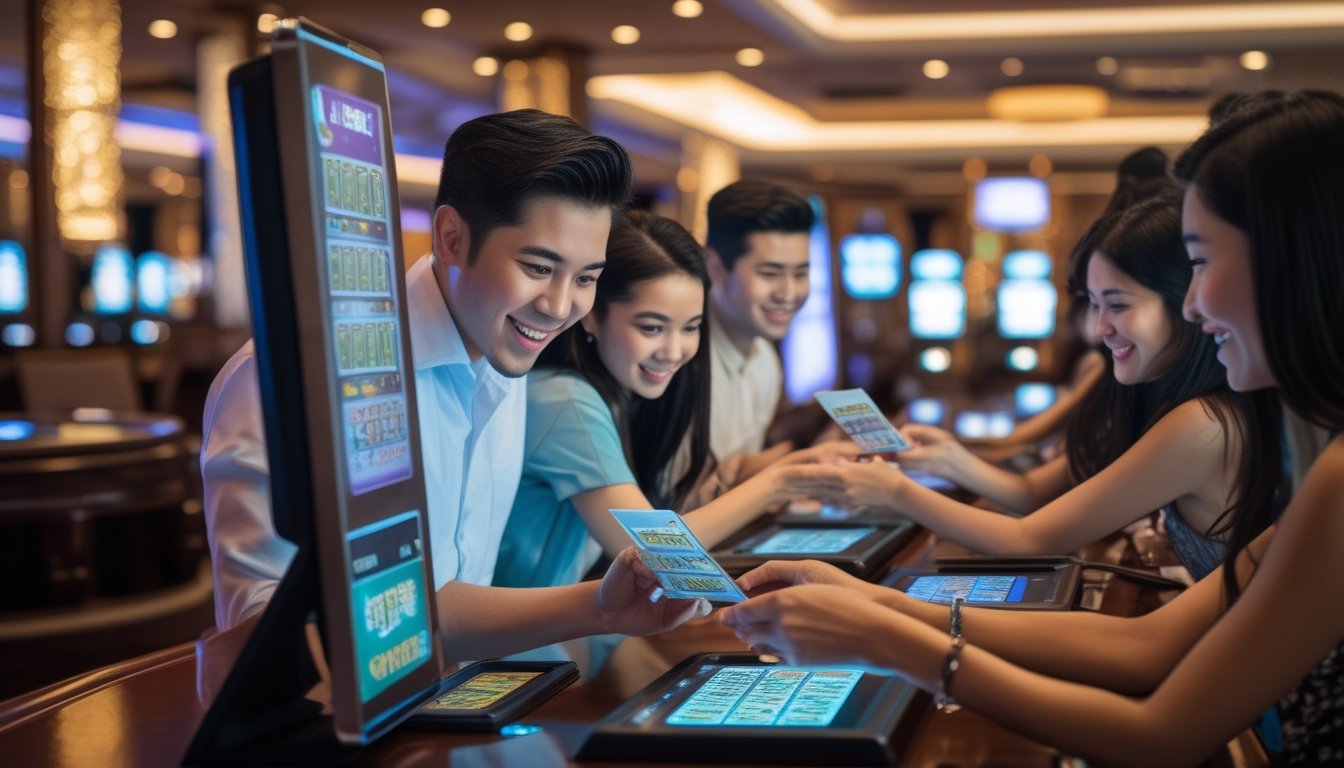 Sejumlah pemain Indonesia sedang bermain kartu gosok secara online di kasino langsung dengan suasana yang ramai dan penuh semangat.