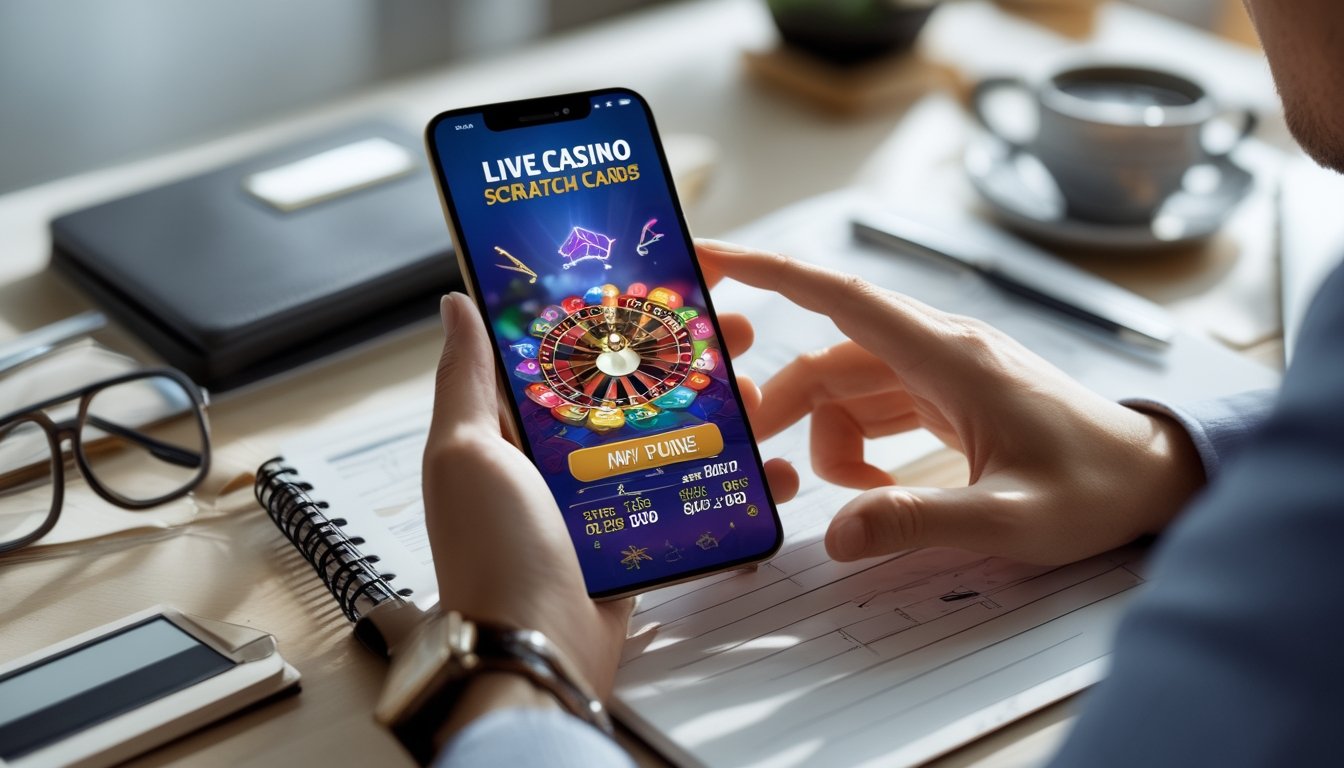 Seseorang menggunakan ponsel di atas meja dengan permainan kartu gores kasino langsung terlihat di layar, di sekitar meja terdapat kacamata, buku catatan, dan secangkir kopi.