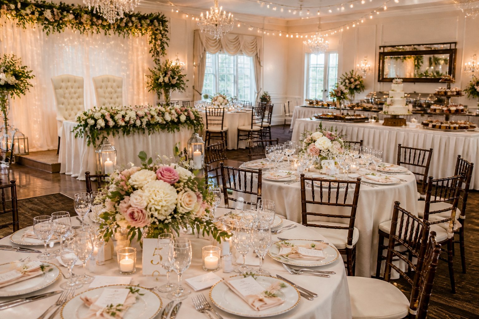 A beautifully arranged wedding reception venue with decorated tables, floral centerpieces, place settings, and ambient lighting.