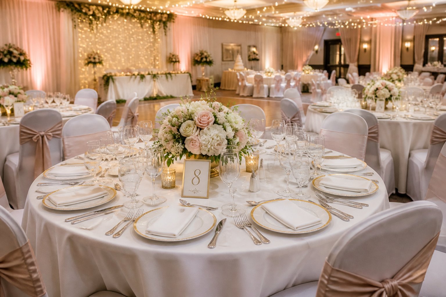 A wedding reception venue with round tables set with white linens, floral centerpieces, tableware, and chairs arranged neatly in a spacious room.
