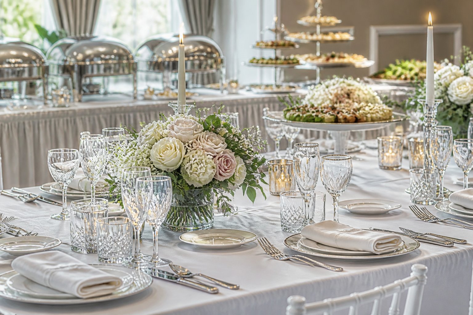 A beautifully set wedding reception table with plates, silverware, glassware, serving trays, and floral centerpieces.