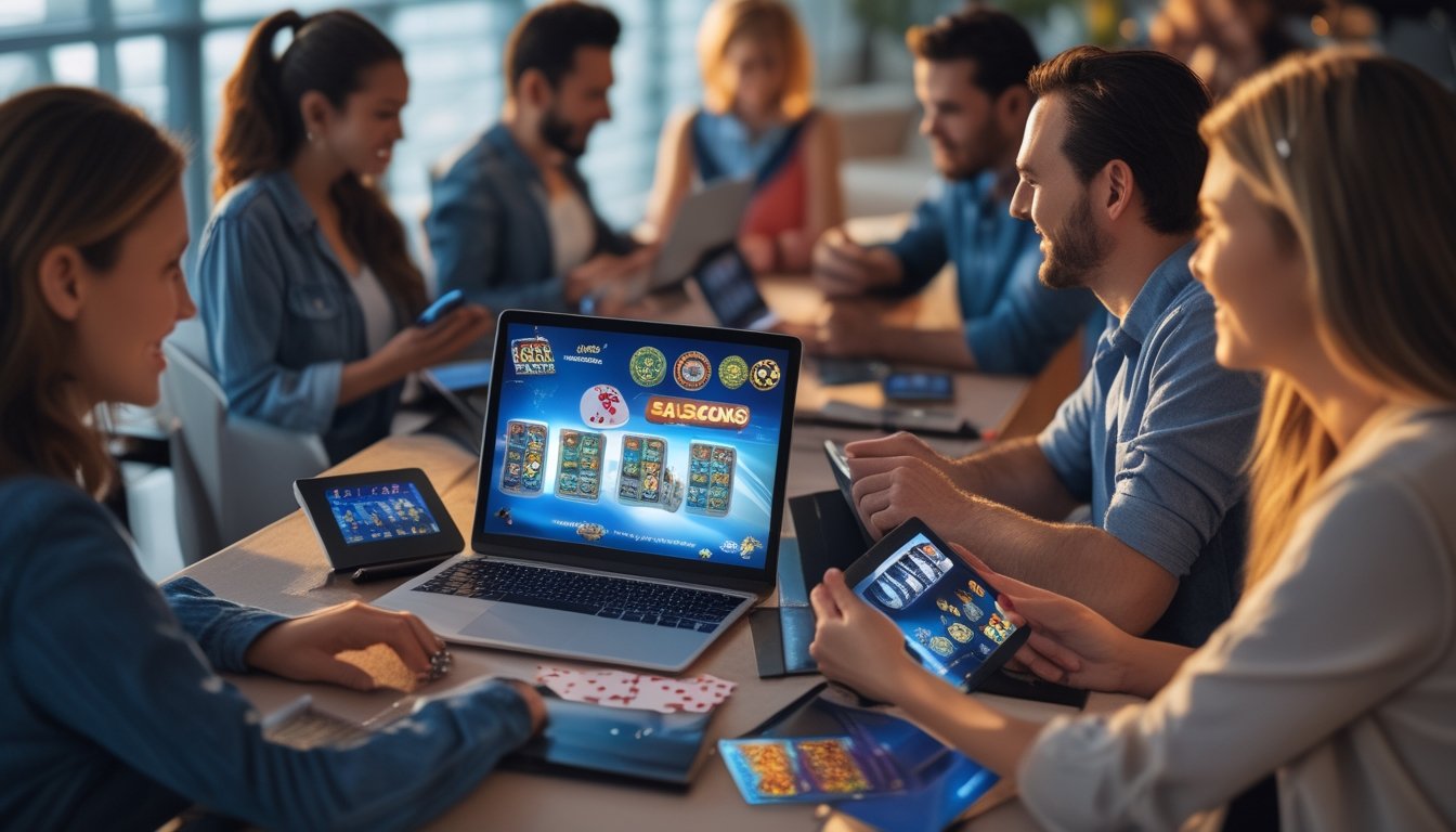 Beberapa orang menggunakan perangkat digital untuk bermain kartu gosok kasino online di ruangan yang nyaman dan terang.