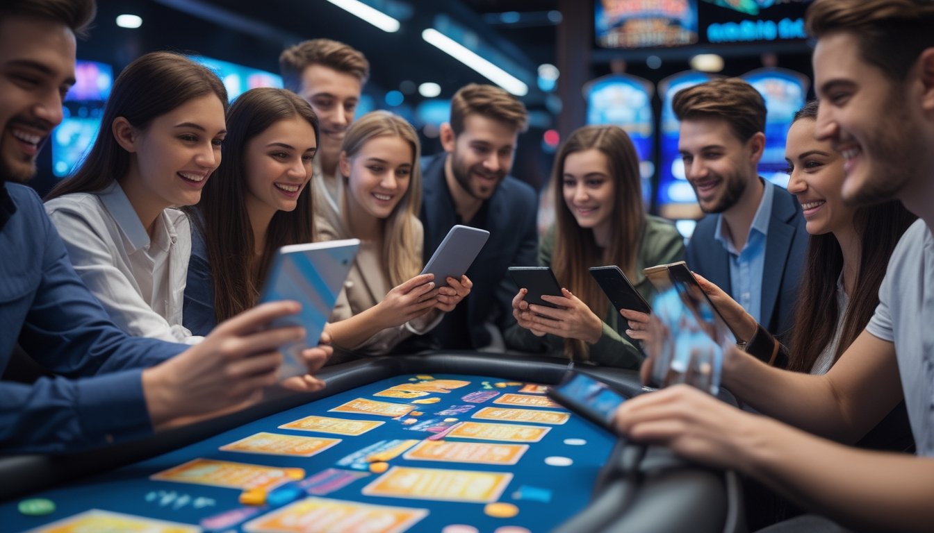 Beberapa orang muda sedang bermain kartu gosok kasino langsung secara online dengan perangkat digital di meja kasino.