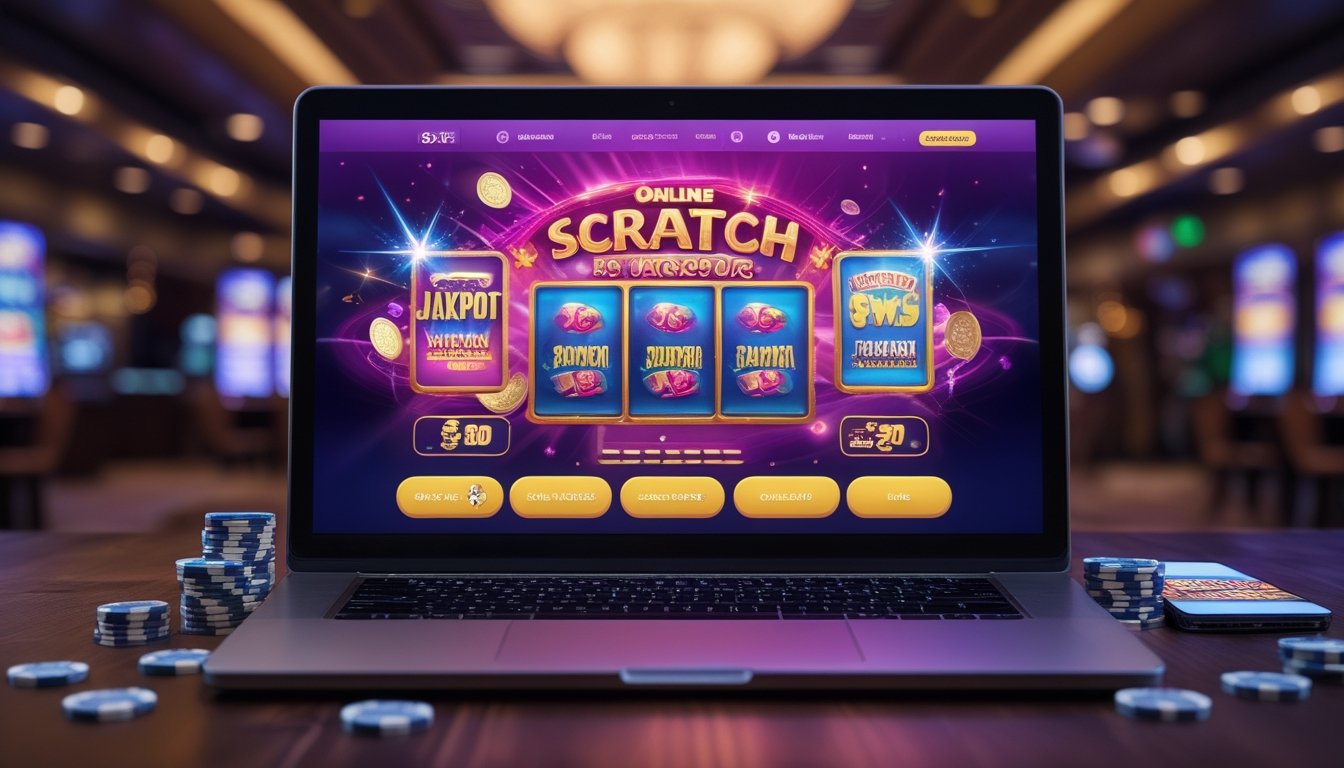 Seorang pengguna bermain kartu gosok kasino langsung secara online dengan tampilan layar komputer yang menampilkan permainan dan ikon jackpot.