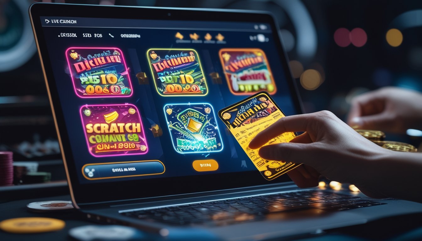 Tangan seseorang sedang menggaruk kartu digital di layar komputer dalam suasana kasino online.