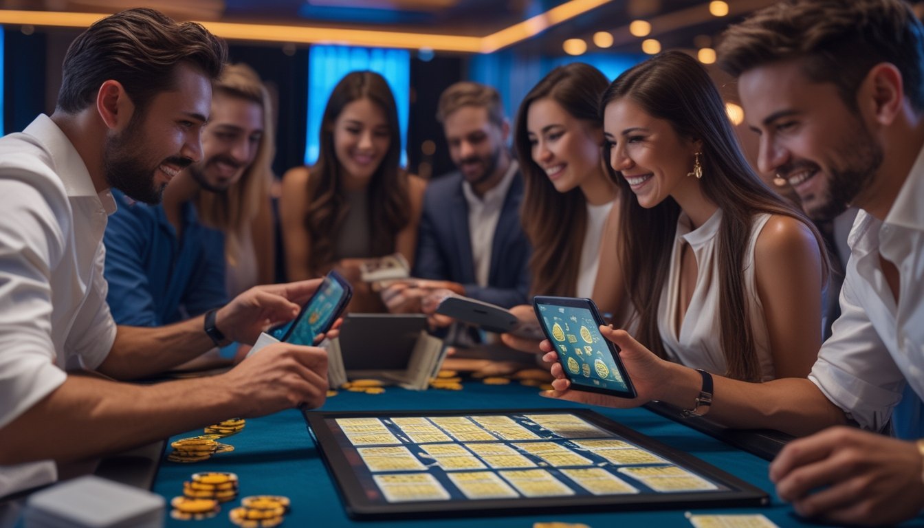 Orang-orang bermain kartu gores secara online di meja kasino dengan perangkat digital dalam suasana kasino yang hidup.