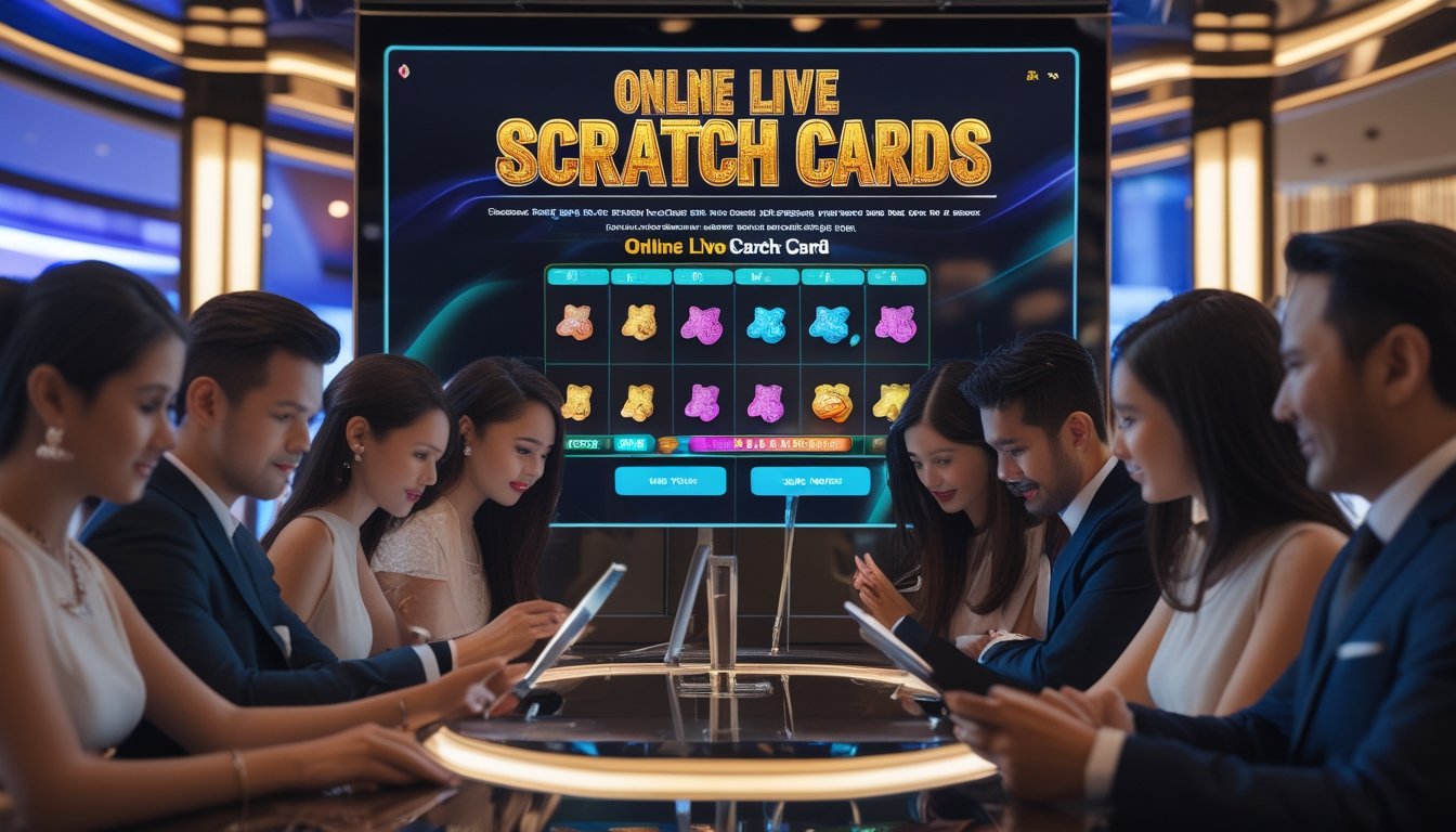 Sejumlah pemain beragam menggunakan perangkat digital untuk bermain kartu gosok kasino langsung secara real-time di dalam ruangan kasino yang mewah.