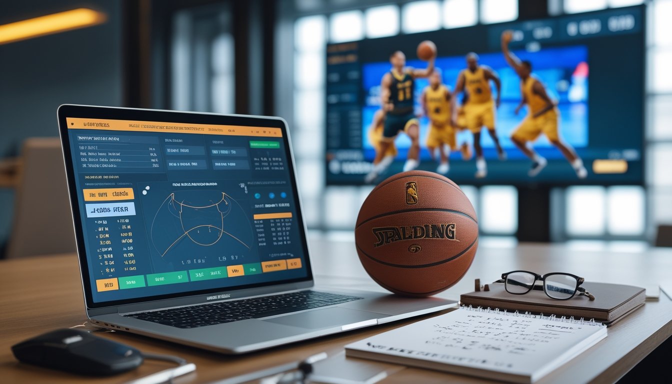 Meja kerja dengan laptop yang menampilkan statistik bola basket dan peluang taruhan, bola basket, catatan dengan tulisan tangan, dan layar besar yang menampilkan pertandingan bola basket sedang berlangsung.