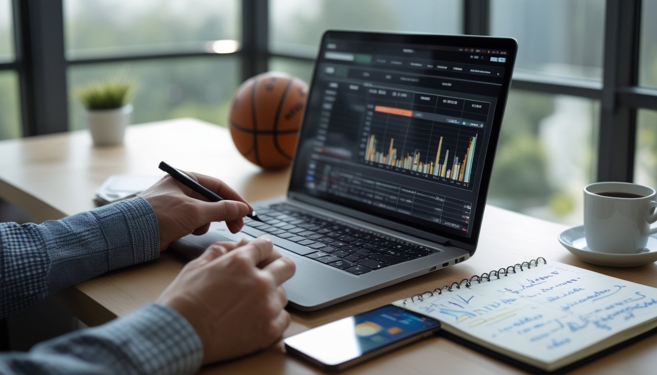 Meja kerja dengan laptop yang menampilkan statistik dan peluang taruhan bola basket, bola basket di sampingnya, tangan orang yang sedang menganalisis data, serta catatan dan ponsel di atas meja.