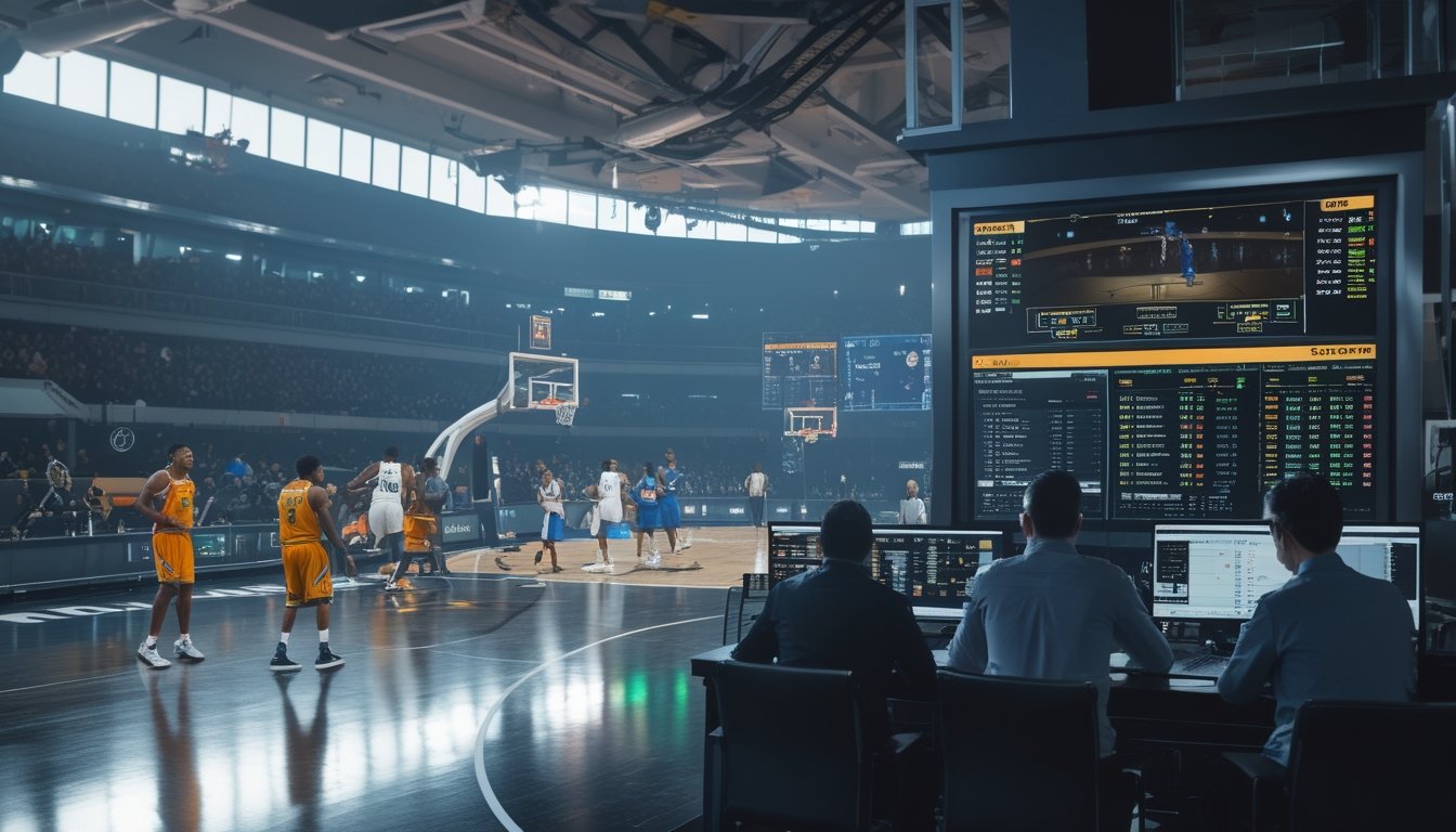 Sejumlah orang menganalisis data dan statistik pertandingan basket profesional di sebuah ruangan dengan layar digital, sementara di latar belakang pertandingan basket sedang berlangsung di lapangan.