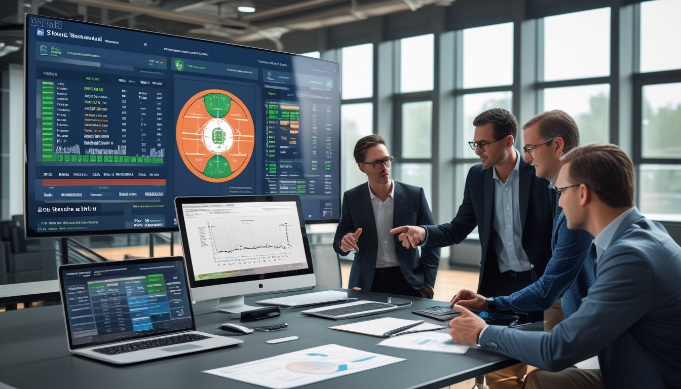Sejumlah profesional sedang menganalisis data performa tim dan pemain basket di ruang kerja dengan layar besar menampilkan grafik dan statistik, serta perangkat digital di meja.