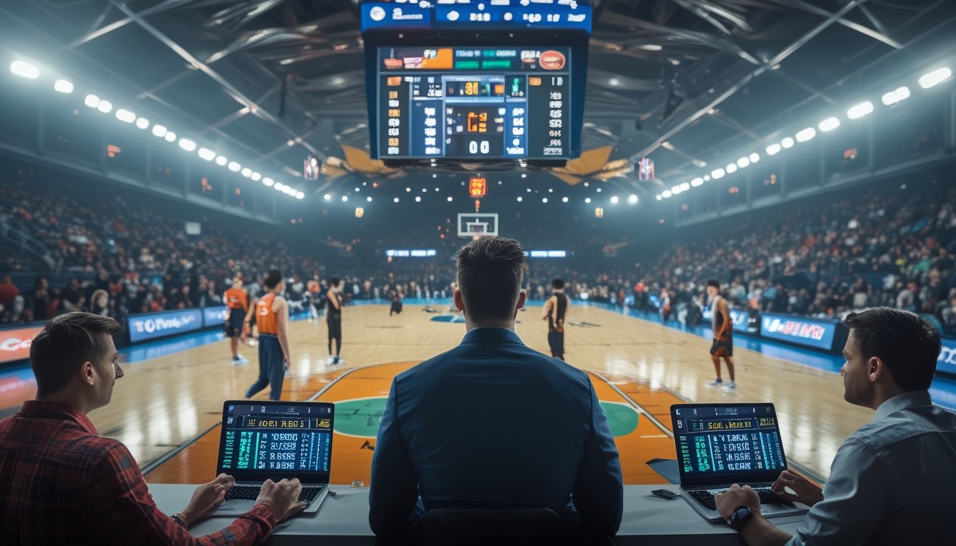 Pertandingan basket dengan pemain aktif di lapangan dan sekelompok orang sedang berdiskusi tentang taruhan menggunakan perangkat digital.