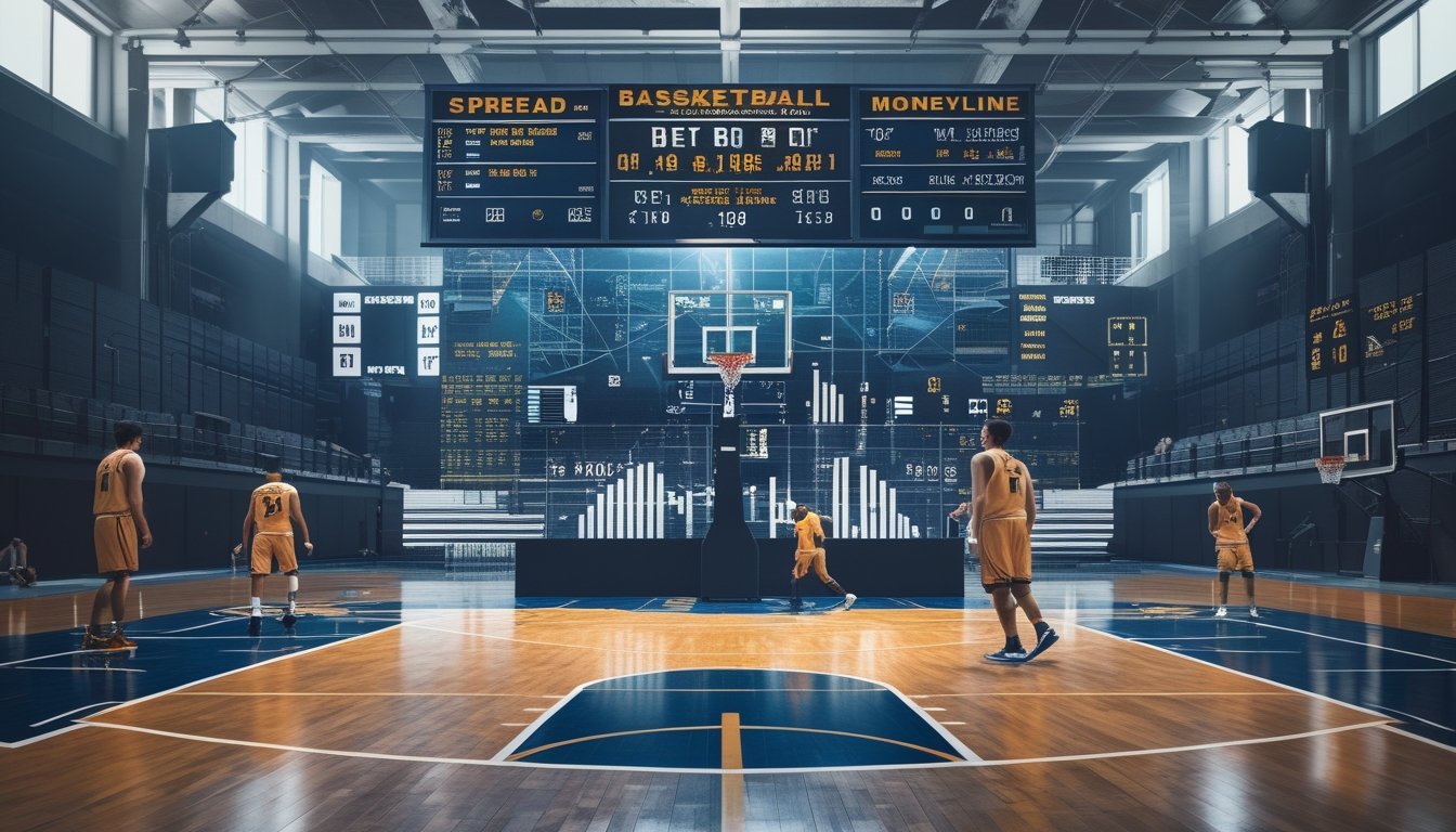 Lapangan basket dengan pemain yang sedang bermain dan papan skor digital menampilkan statistik serta grafik taruhan.