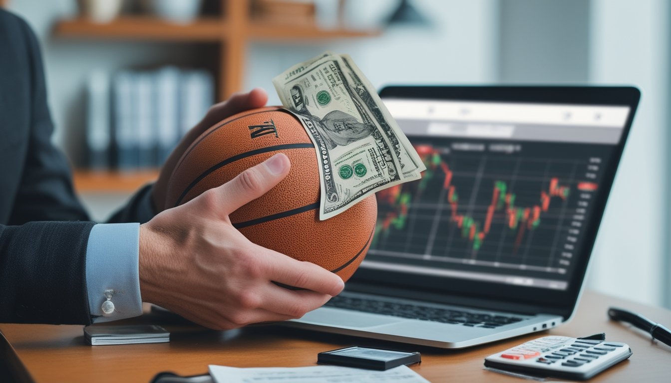 Tangan seseorang memegang bola basket dan uang tunai di depan laptop yang menampilkan grafik keuangan dan peluang taruhan.