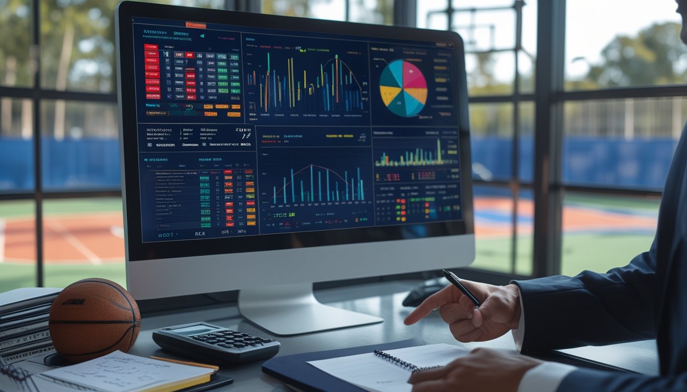 Seorang analis olahraga sedang melihat layar komputer yang menampilkan grafik dan data statistik NBA di sebuah ruang kerja dengan bola basket kecil di meja dan lapangan basket terlihat di latar belakang.