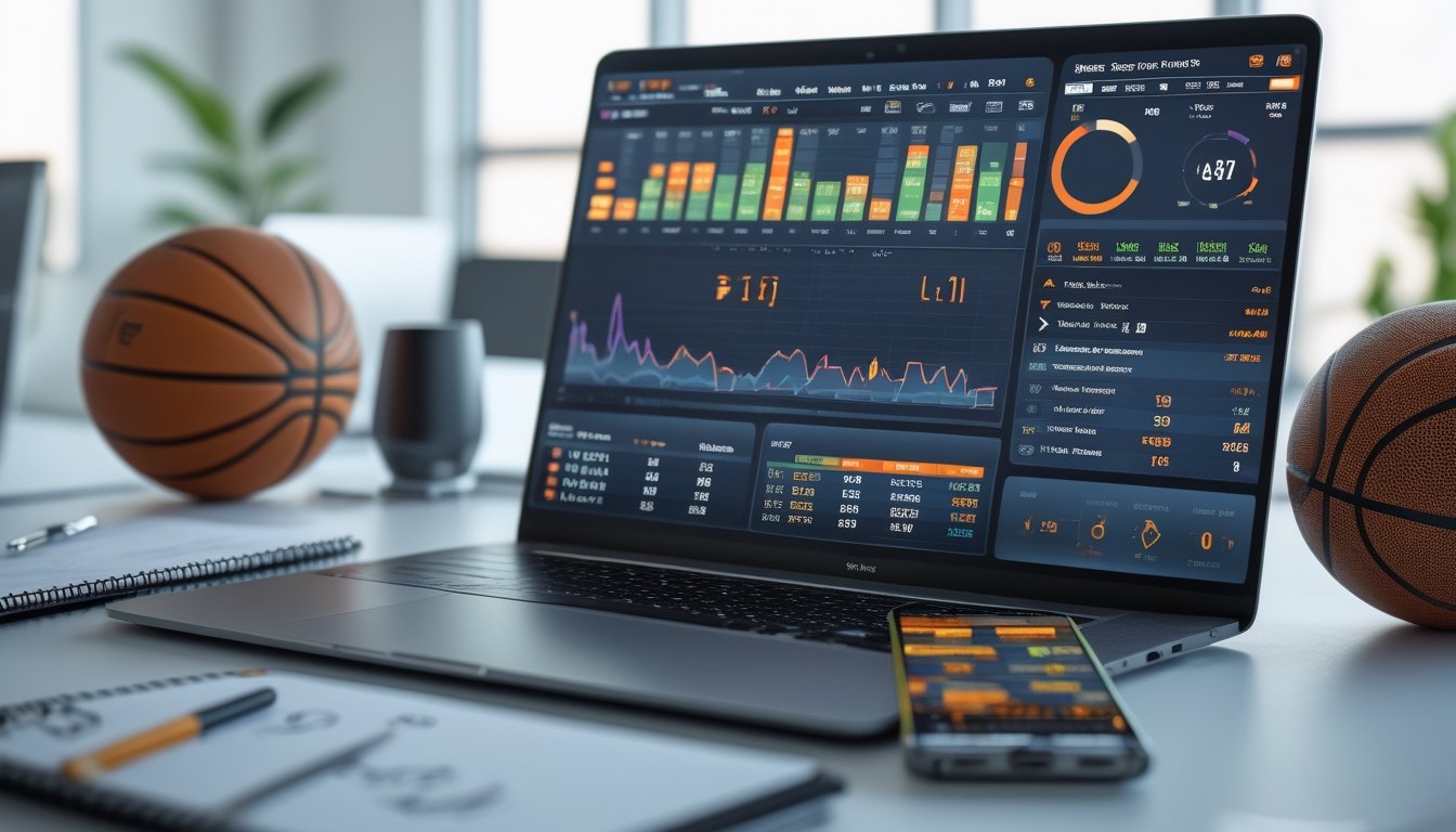 Seorang analis sedang bekerja dengan laptop yang menampilkan statistik NBA dan grafik taruhan olahraga basket di meja kerja yang rapi dengan bola basket di sampingnya.