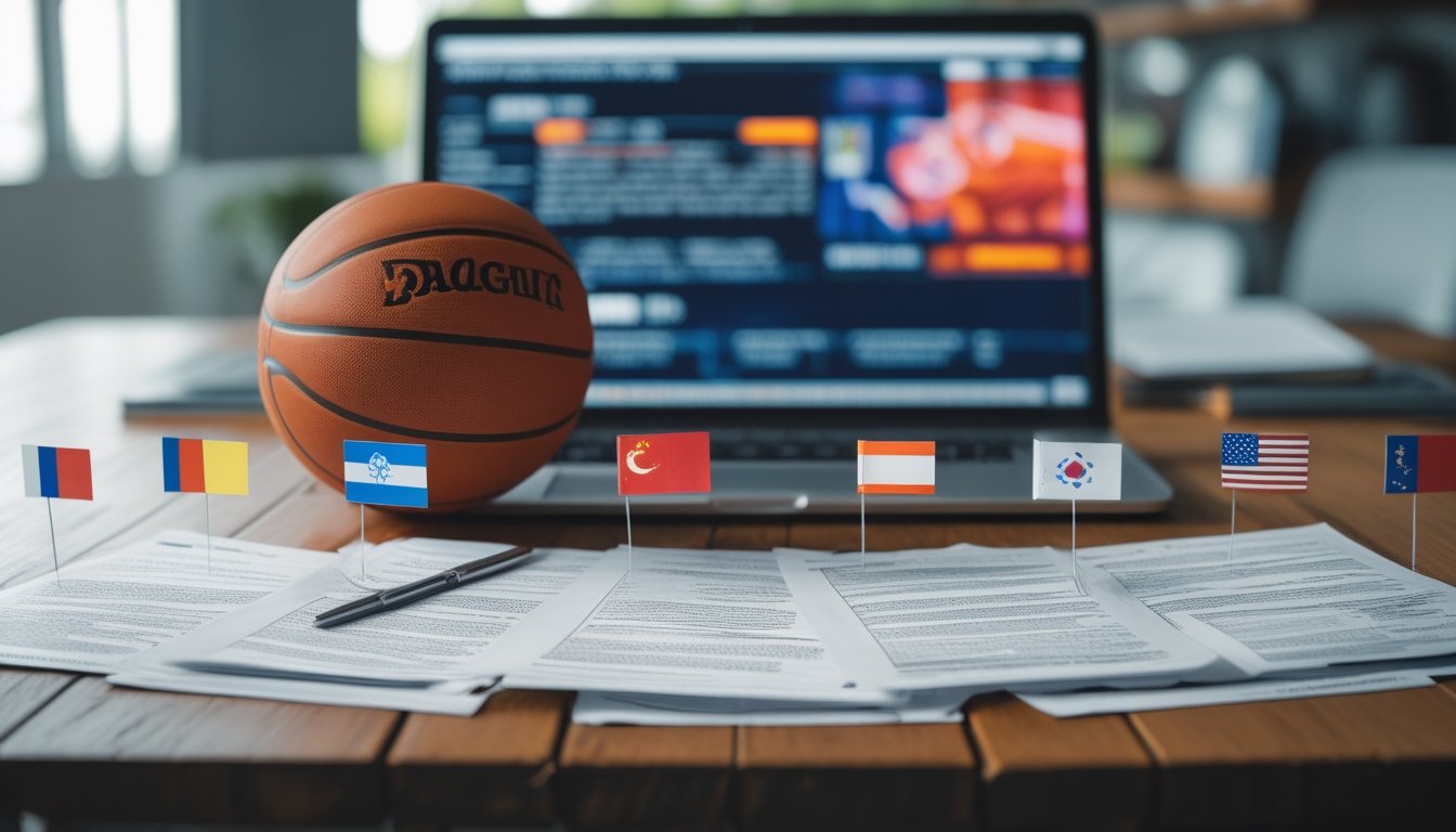 Sebuah bola basket di atas dokumen hukum dengan bendera berbagai negara di sekitarnya dan layar laptop yang menampilkan pertandingan basket.