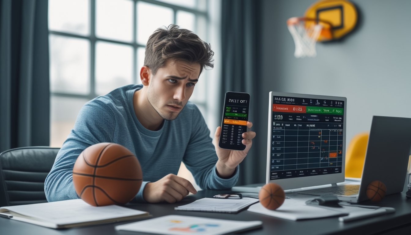 Seorang pria muda duduk di meja dengan ekspresi tegang sambil memegang ponsel yang menampilkan skor basket dan peluang taruhan, di sekitarnya terdapat bola basket kecil, catatan strategi, dan laptop dengan grafik statistik.