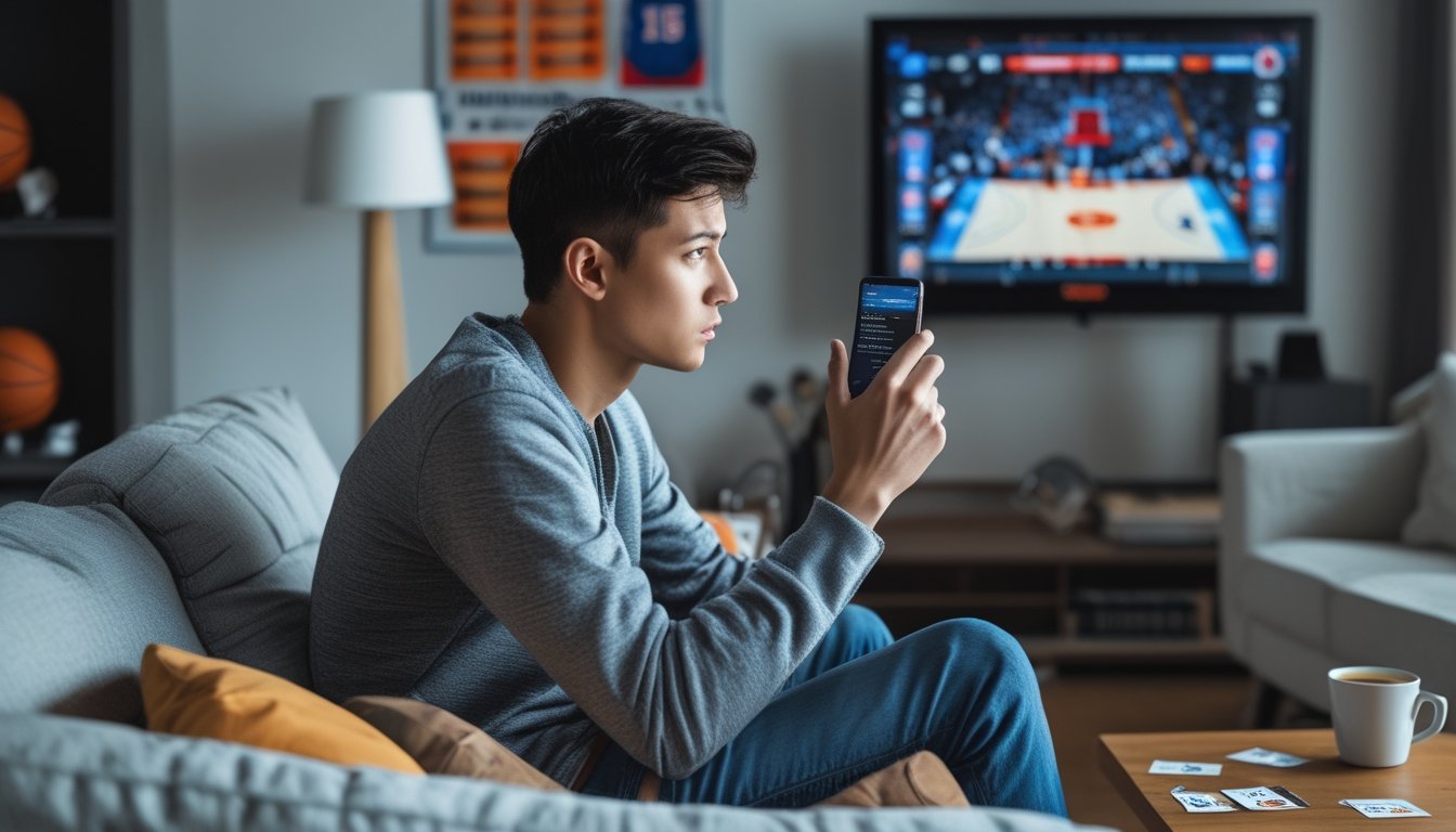 Seorang pria muda penggemar basket duduk di sofa menonton pertandingan basket di televisi dengan ekspresi cemas sambil memegang ponsel dan dikelilingi oleh tanda-tanda kecanduan judi.