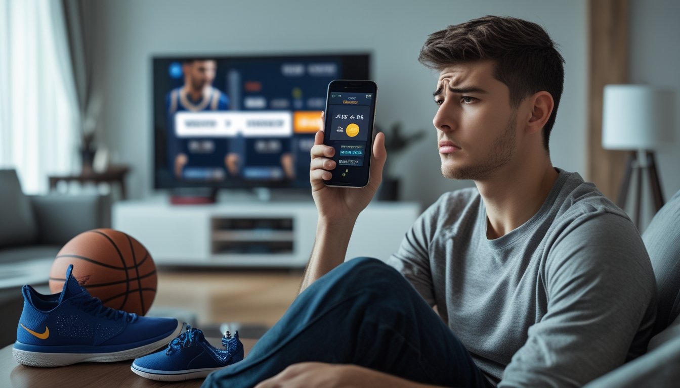 Seorang pria muda penggemar basket duduk sendiri di ruang tamu dengan ekspresi cemas sambil memegang ponsel yang menampilkan aplikasi taruhan olahraga.