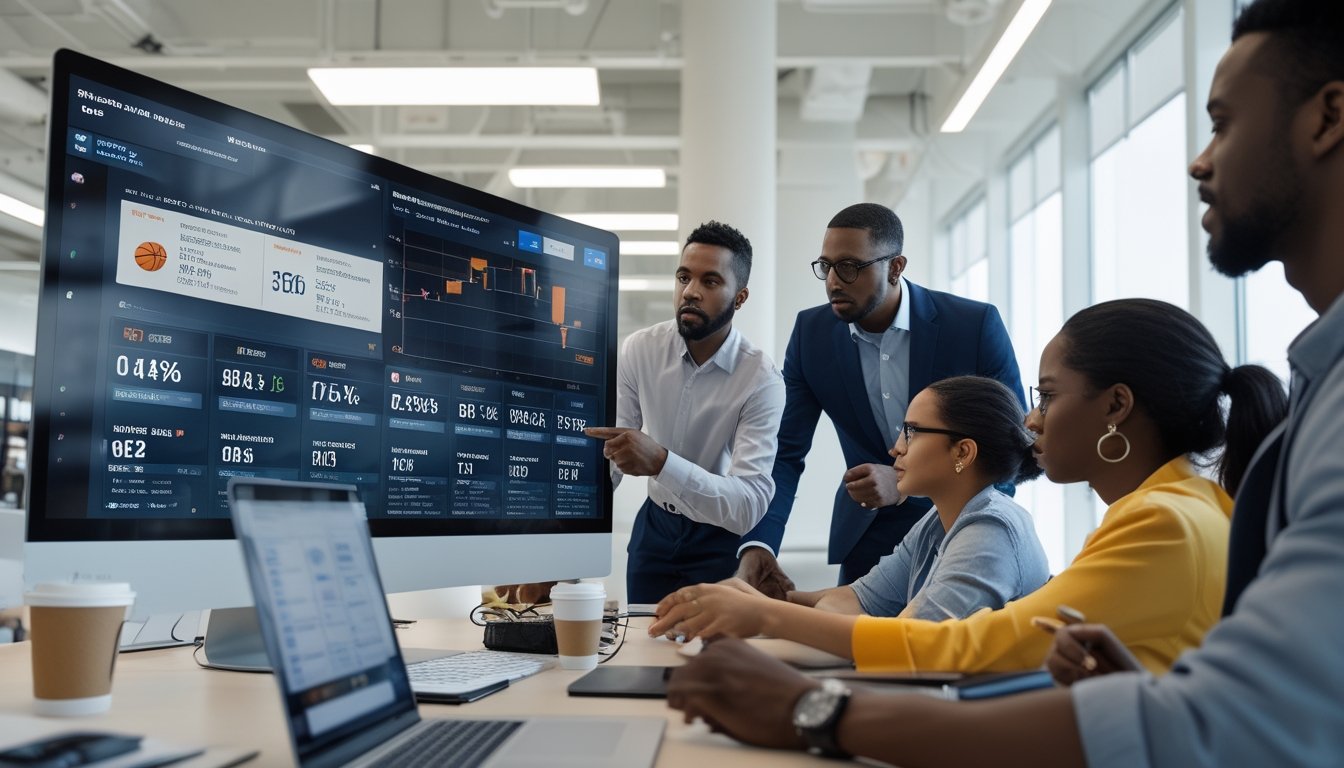 Sekelompok orang sedang menganalisis data pertandingan basket di ruang kantor dengan layar digital dan grafik statistik.