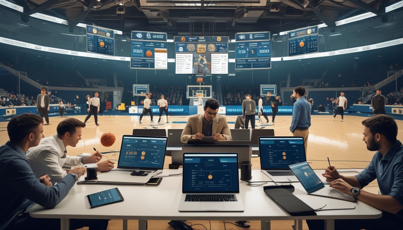 Seorang analis dan peneliti sedang memantau statistik pertandingan basket di layar digital saat pemain bermain di lapangan.