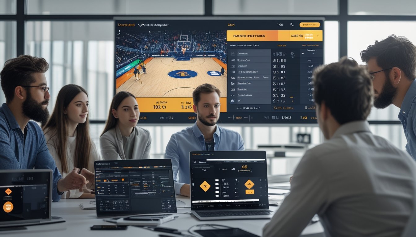 Sejumlah profesional muda di ruang kerja modern dengan perangkat digital menampilkan statistik dan taruhan bola basket, di latar belakang layar besar memperlihatkan pertandingan bola basket yang sedang berlangsung.