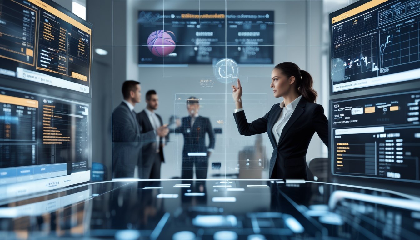 Sejumlah profesional bekerja di kantor modern dengan layar digital besar menampilkan statistik dan data taruhan bola basket.