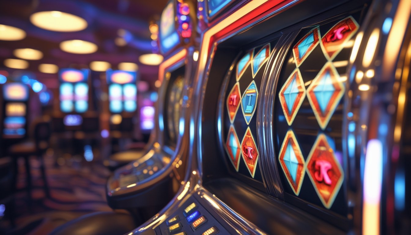 Mesin slot Double Diamond dengan simbol berlian ganda yang menyala di kasino, latar belakang kabur dengan suasana kasino.