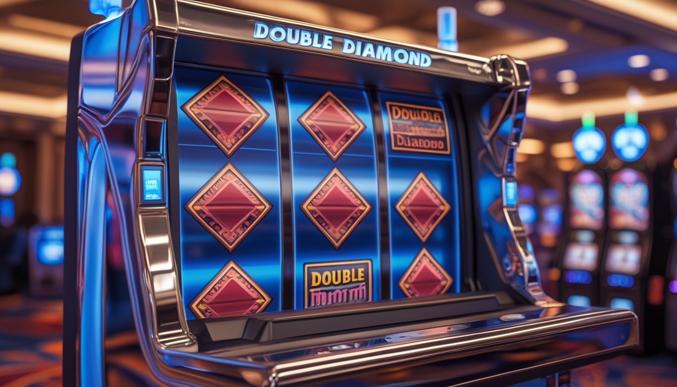 Mesin slot Double Diamond di kasino dengan lampu warna-warni dan latar belakang kasino kabur.