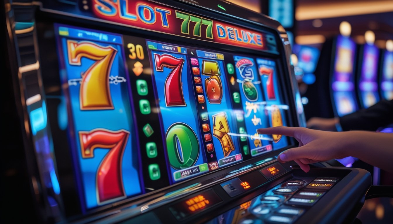 Sebuah mesin slot digital dengan simbol warna-warni dan tangan pemain yang sedang berinteraksi di kasino.
