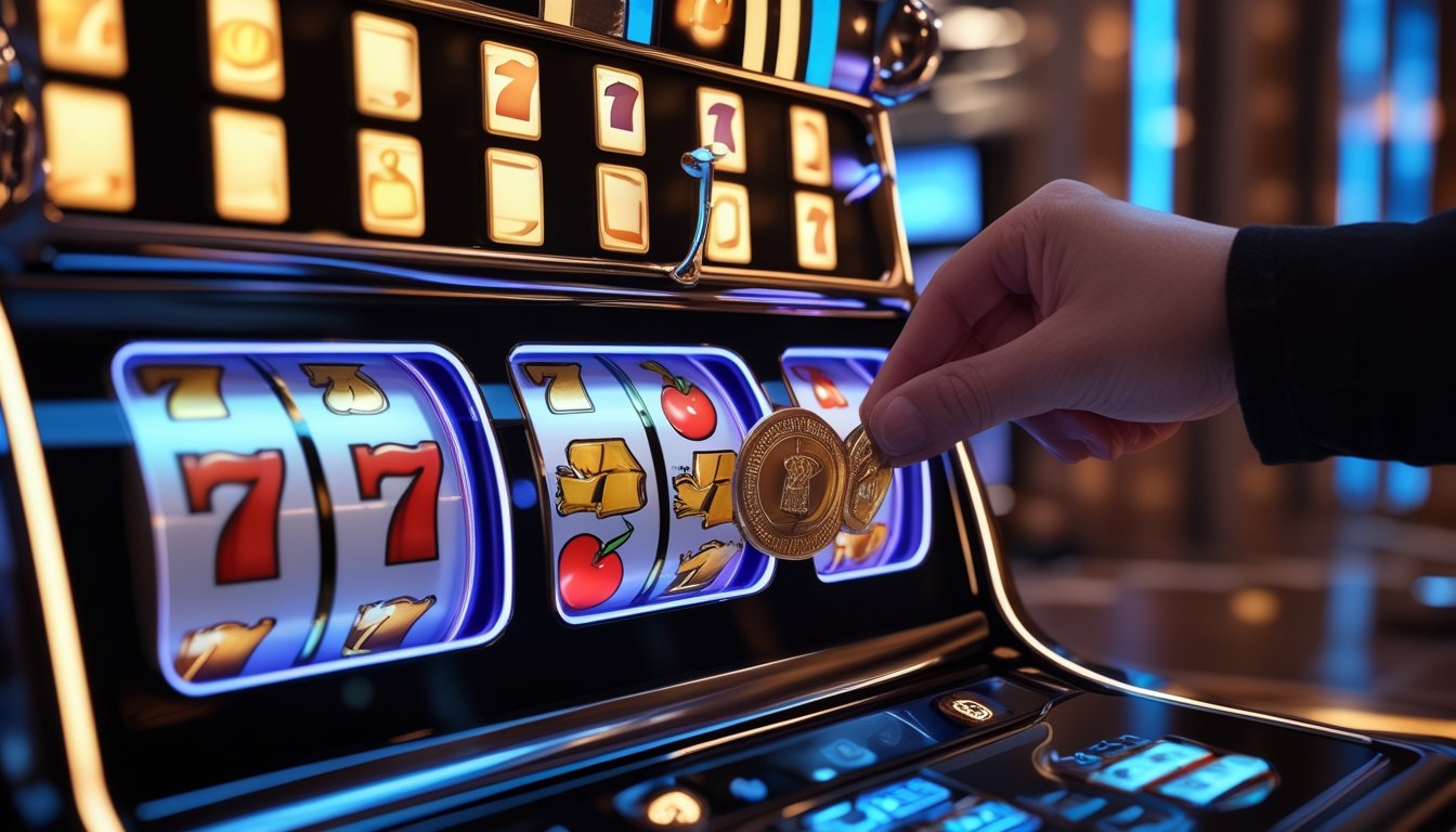 Mesin slot modern dengan simbol warna-warni dan tangan pemain yang sedang berinteraksi di lingkungan kasino.