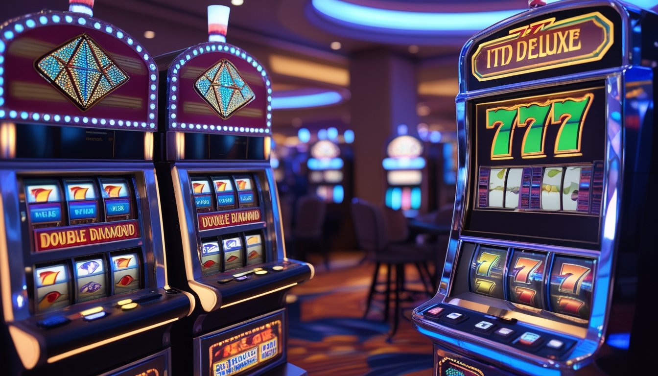 Dua mesin slot berdampingan di kasino, satu dengan simbol Double Diamond dan satu lagi dengan simbol 777 Deluxe.
