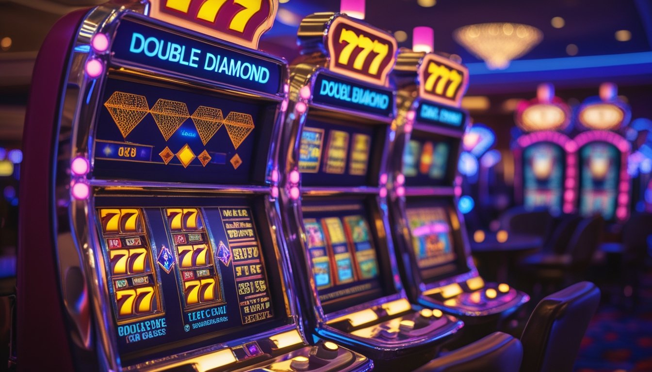 Dua mesin slot klasik Double Diamond dan 777 Deluxe berdampingan di dalam kasino dengan lampu warna-warni dan latar belakang kasino yang samar.