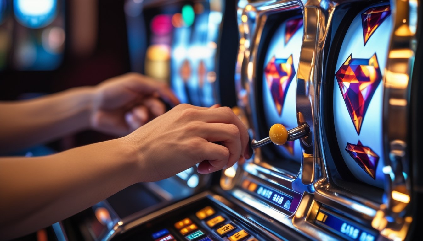 Tangan seseorang sedang bermain mesin slot dengan simbol double diamond di kasino.
