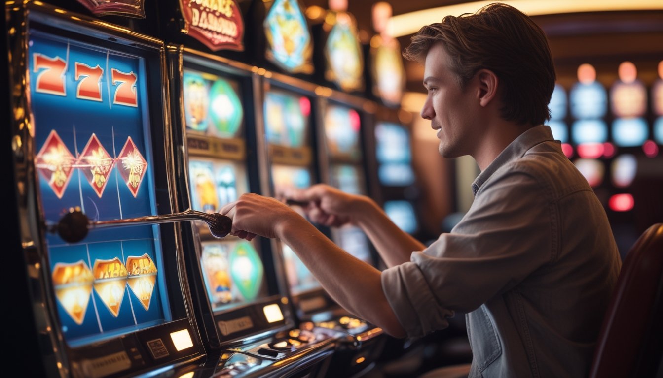 Seorang pemain sedang bermain mesin slot Double Diamond di kasino dengan ekspresi fokus dan latar belakang kabur.