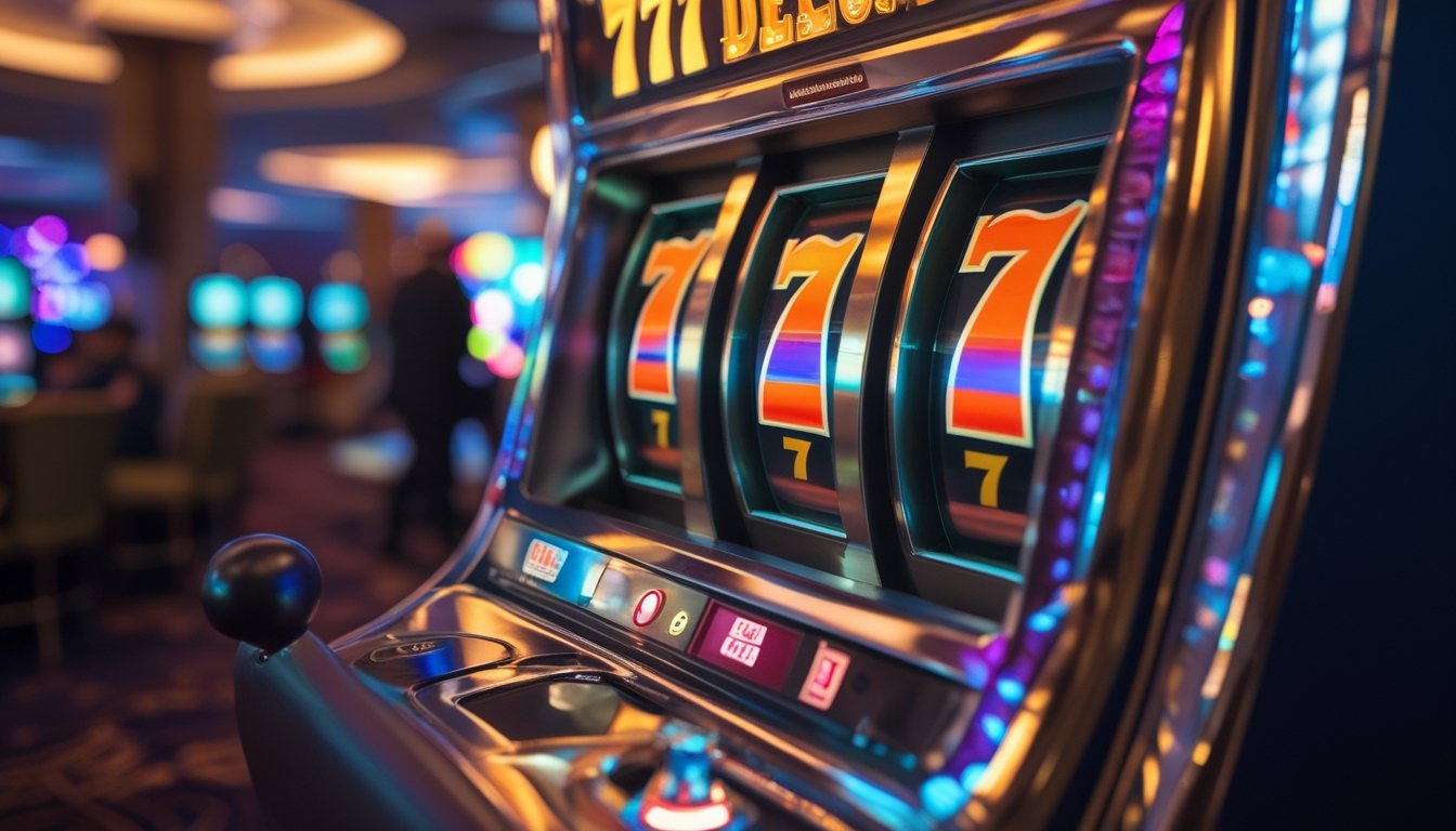 Mesin slot klasik dengan angka tujuh tiga kali terlihat jelas di kasino dengan pencahayaan warna-warni.