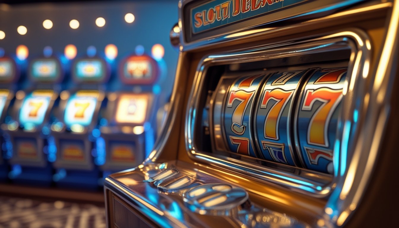 Foto close-up mesin slot klasik dengan gulungan menunjukkan tiga angka tujuh, dikelilingi oleh gambar mesin slot yang lebih tua dan modern sebagai latar belakang.