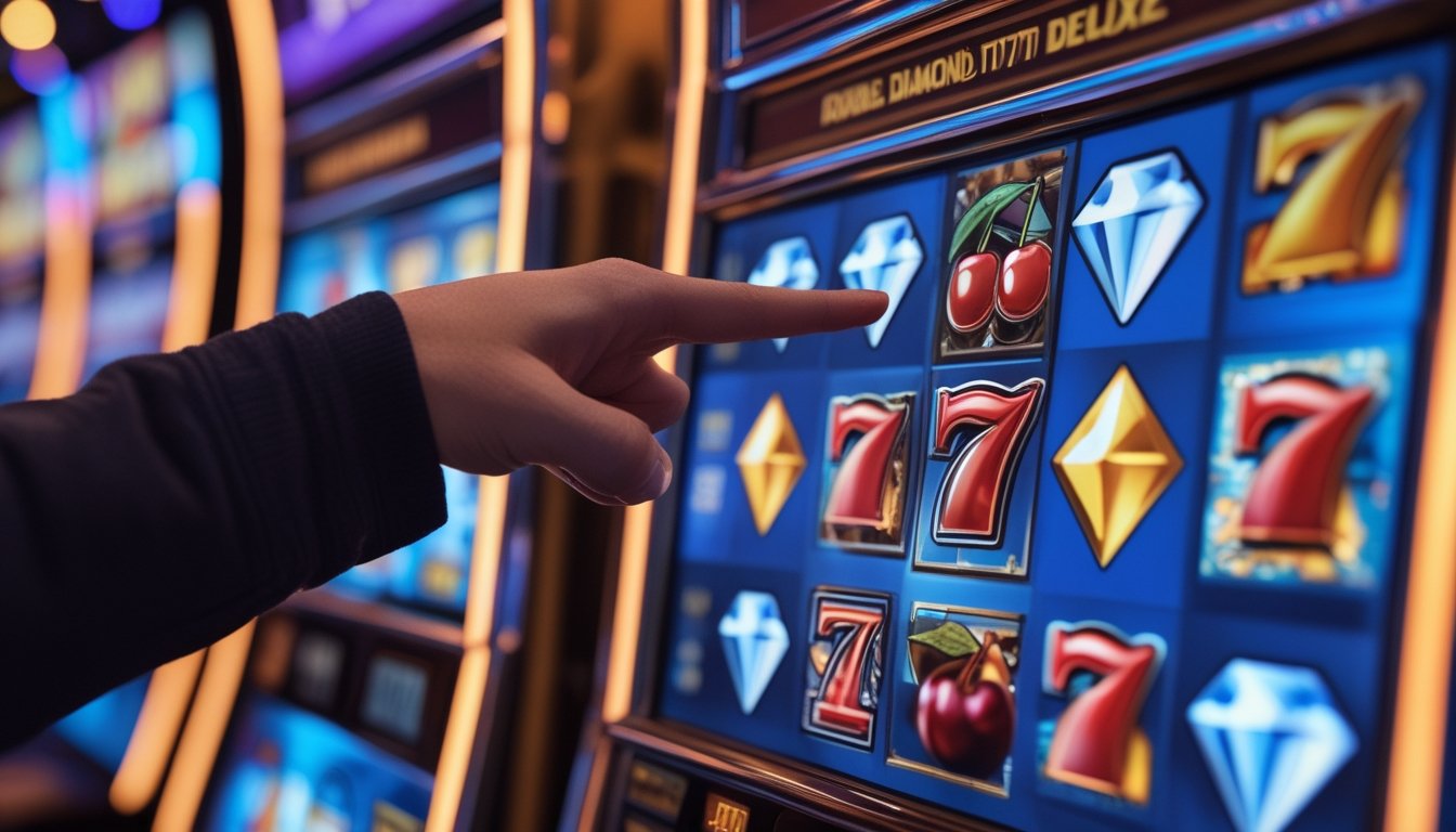 Seseorang sedang melihat dan menunjuk tabel pembayaran pada mesin slot Double Diamond dan 777 Deluxe di dalam kasino.