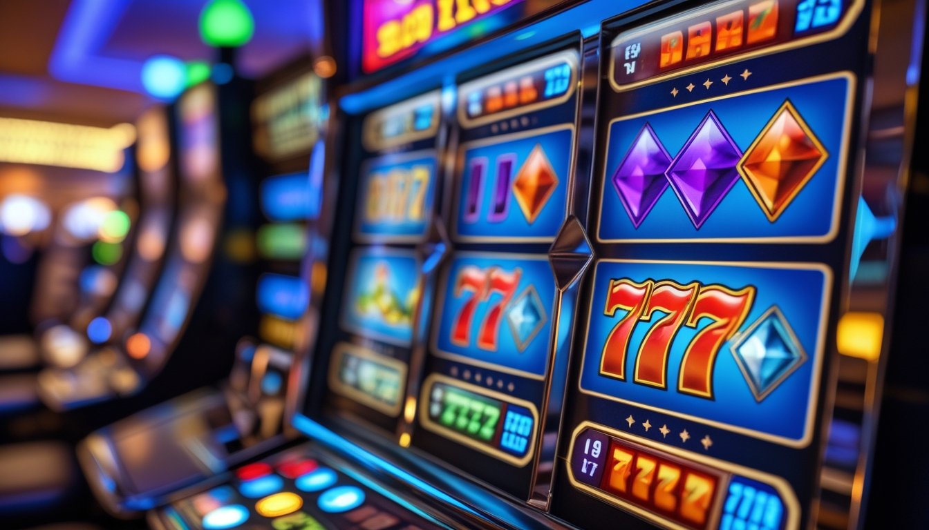 Gambar close-up mesin slot dengan simbol double diamond dan angka 777 yang menampilkan tabel pembayaran di layar.