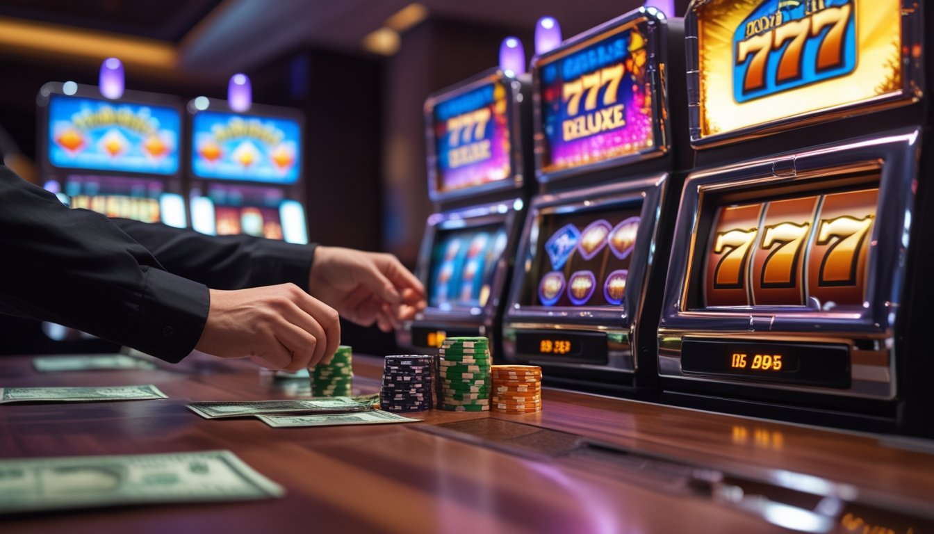 Tangan pemain sedang mengatur chip dan uang di meja dekat mesin slot Double Diamond dan 777 Deluxe di dalam kasino.