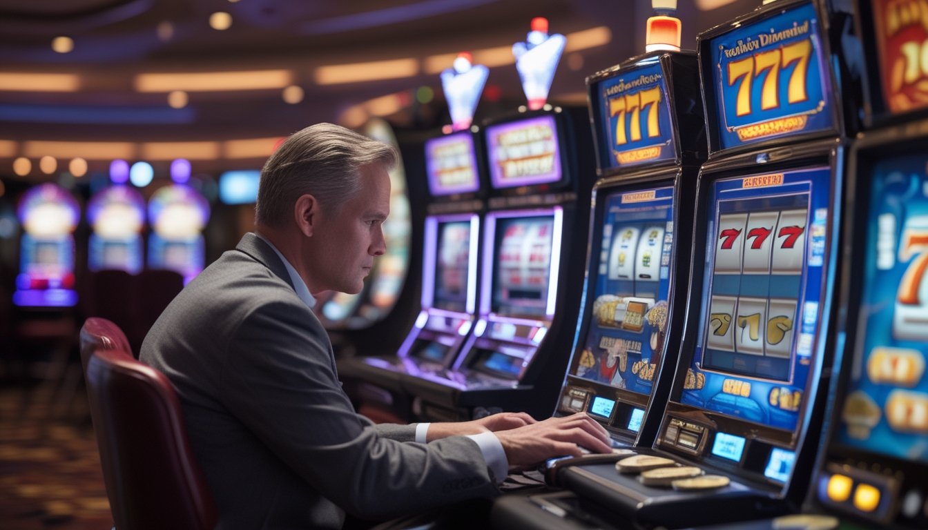 Seorang pria dewasa sedang bermain mesin slot di kasino dengan tumpukan chip di sampingnya.