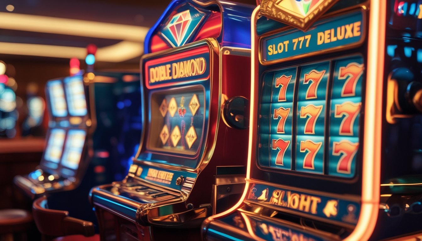 Dua mesin slot klasik berdampingan di sebuah kasino dengan pencahayaan hangat dan latar belakang kabur.