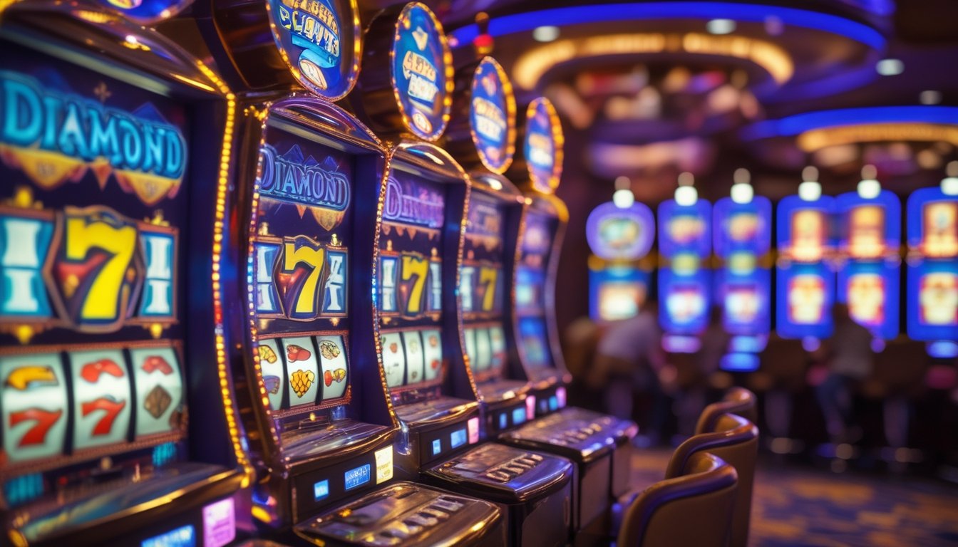 Area mesin slot di kasino dengan mesin Double Diamond dan Slot 777 Deluxe yang menyala dan menarik perhatian pemain.