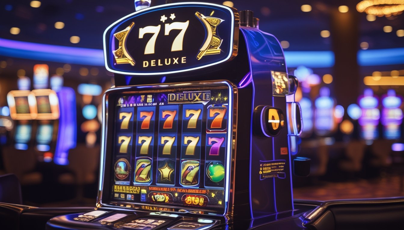 Mesin slot 777 Deluxe modern dan mewah di kasino dengan lampu warna-warni dan suasana yang hidup.